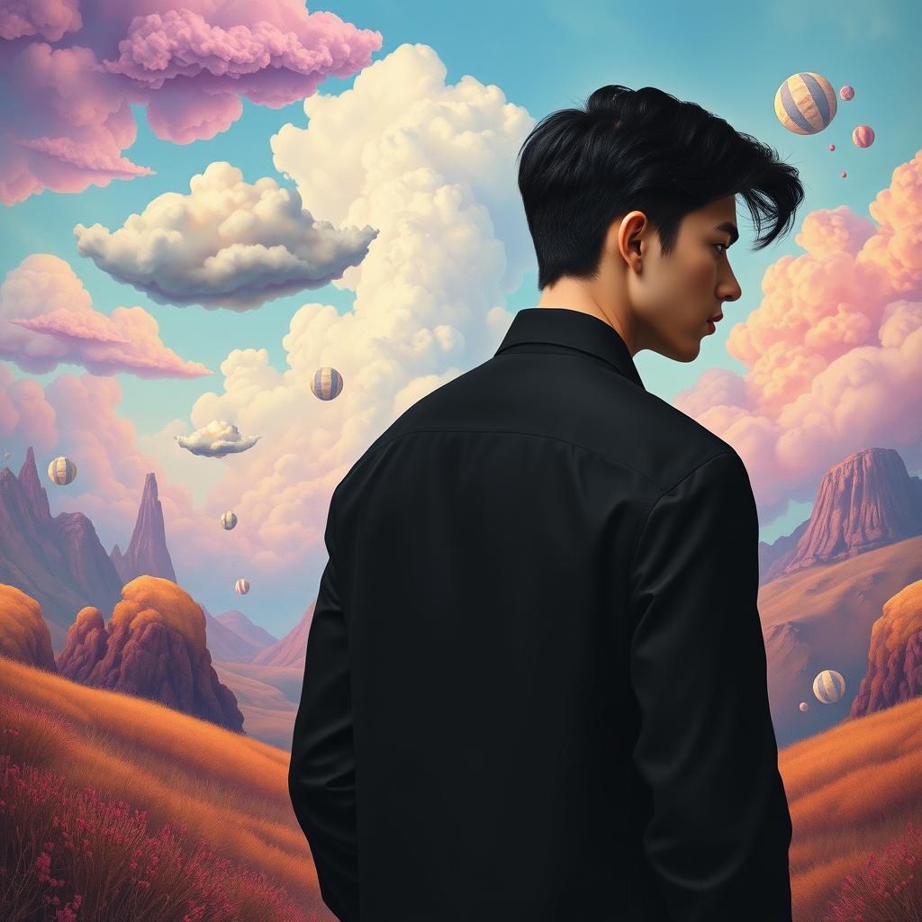 A surreal romantic scene featuring a young man with his back turned, wearing a sleek black dress shirt