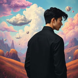 A surreal romantic scene featuring a young man with his back turned, wearing a sleek black dress shirt