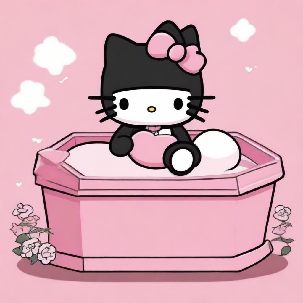 Hello Kitty, depicted in the nostalgic 2D style of 90s Sanrio animation, lying peacefully in a six-sided pink coffin