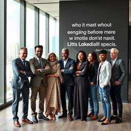A diverse group of leaders from various backgrounds, standing together confidently