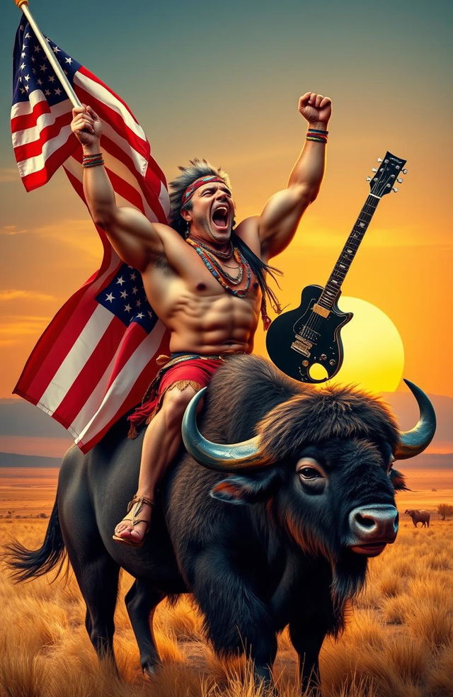 A strong and muscular Native American bodybuilder, passionately yelling as he rides a powerful buffalo