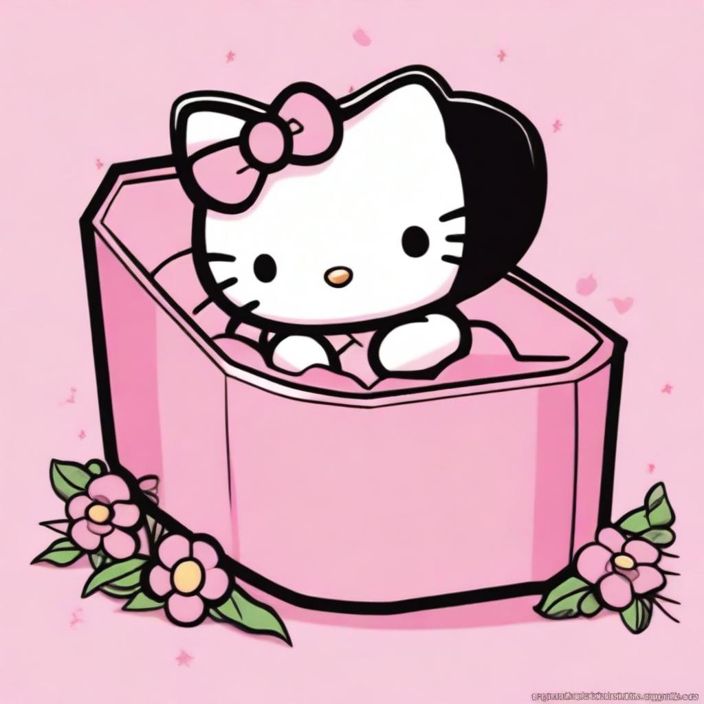 In the 2D style of 90s Sanrio animation, present Hello Kitty lying tranquil in a six-sided, anthropoidal pink coffin