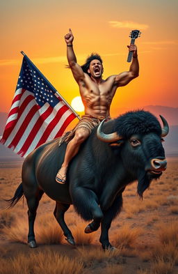 A strong and muscular Native American bodybuilder, passionately yelling as he rides a powerful buffalo