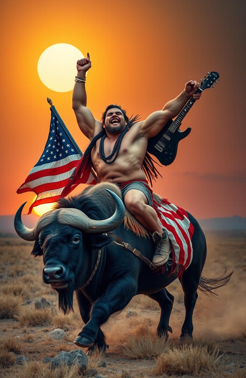 A strong and muscular Native American bodybuilder, passionately yelling as he rides a powerful buffalo