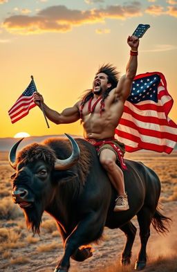 A strong and muscular Native American bodybuilder, passionately yelling as he rides a powerful buffalo