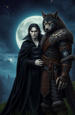 A romantic couple consisting of a vampire and a werewolf set in a medieval fantasy setting