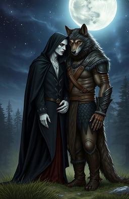 A romantic couple consisting of a vampire and a werewolf set in a medieval fantasy setting