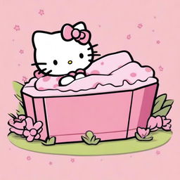 In the 2D style of 90s Sanrio animation, present Hello Kitty lying tranquil in a six-sided, anthropoidal pink coffin