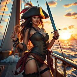 A charismatic and alluring sexy pirate standing confidently on a ship deck during a vibrant sunset