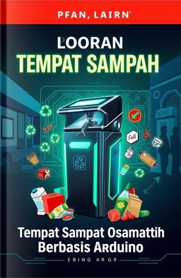 A visually striking book cover for 'Laporan Tempat Sampah Otomatis Berbasis Arduino', showcasing an innovative automatic trash bin powered by Arduino technology