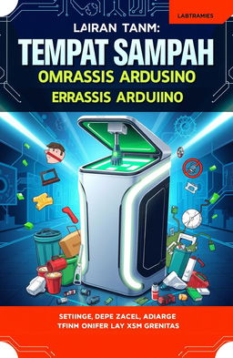 A visually striking book cover for 'Laporan Tempat Sampah Otomatis Berbasis Arduino', showcasing an innovative automatic trash bin powered by Arduino technology