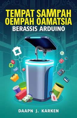 A visually striking book cover for 'Laporan Tempat Sampah Otomatis Berbasis Arduino', showcasing an innovative automatic trash bin powered by Arduino technology