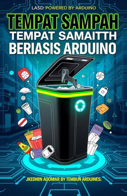 A visually striking book cover for 'Laporan Tempat Sampah Otomatis Berbasis Arduino', showcasing an innovative automatic trash bin powered by Arduino technology