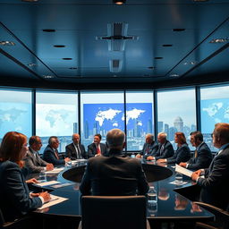 A dramatic scene depicting a gathering of Western leaders in a modern conference room, they are engaged in a serious discussion about global issues