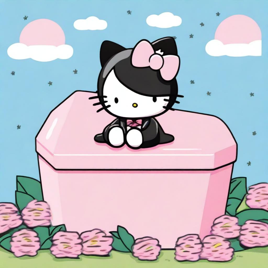 In the 2D style of 90s Sanrio animation, present Hello Kitty lying tranquil in a six-sided, anthropoidal pink coffin