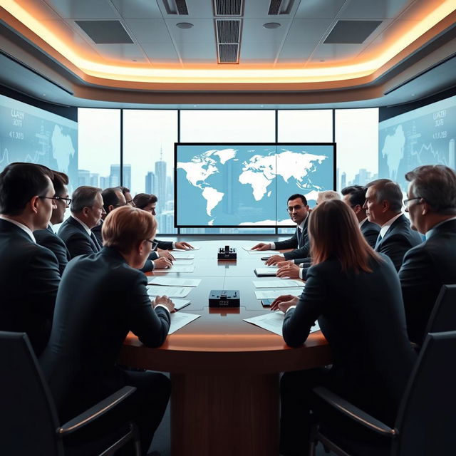 A dramatic scene depicting a gathering of Western leaders in a modern conference room, they are engaged in a serious discussion about global issues