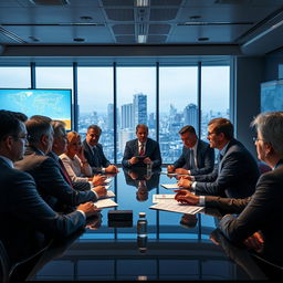 A dramatic scene depicting a gathering of Western leaders in a modern conference room, they are engaged in a serious discussion about global issues