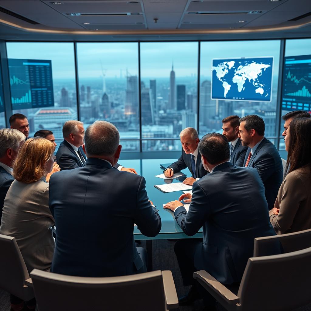 A dramatic scene depicting a gathering of Western leaders in a modern conference room, they are engaged in a serious discussion about global issues