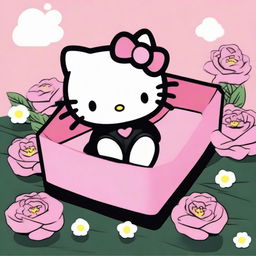 In the 2D style of 90s Sanrio animation, present Hello Kitty lying tranquil in a six-sided, anthropoidal pink coffin