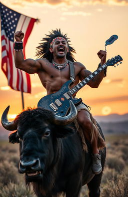 A powerful Native American bodybuilder with intricate face paint, exuding strength and confidence, is riding a majestic buffalo