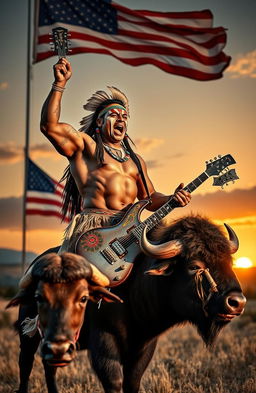 A powerful Native American bodybuilder with intricate face paint, exuding strength and confidence, is riding a majestic buffalo