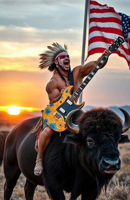 A powerful Native American bodybuilder with intricate face paint, exuding strength and confidence, is riding a majestic buffalo