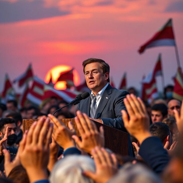 A charismatic Western leader giving a passionate speech at a podium, in front of a large crowd waving flags