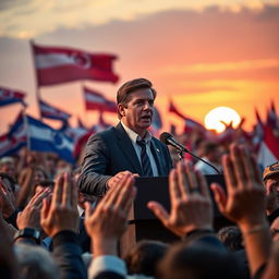 A charismatic Western leader giving a passionate speech at a podium, in front of a large crowd waving flags