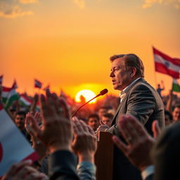 A charismatic Western leader giving a passionate speech at a podium, in front of a large crowd waving flags