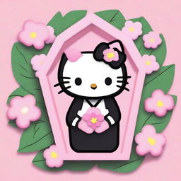 Create an overhead view within a 2D 90s Sanrio animation style showcasing Hello Kitty peacefully laid in a six-sided, anthropoidal pink coffin