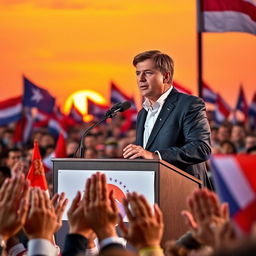 A charismatic Western leader giving a passionate speech at a podium, in front of a large crowd waving flags