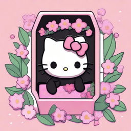 Create an overhead view within a 2D 90s Sanrio animation style showcasing Hello Kitty peacefully laid in a six-sided, anthropoidal pink coffin