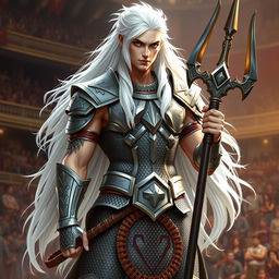 An androgynous aasimar gladiator champion standing confidently, showcasing their immense strength and grace