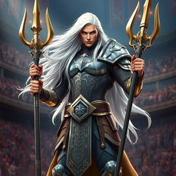 An androgynous aasimar gladiator champion standing confidently, showcasing their immense strength and grace