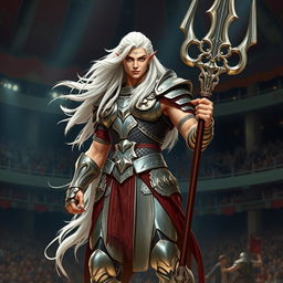 An androgynous aasimar gladiator champion standing confidently, showcasing their immense strength and grace