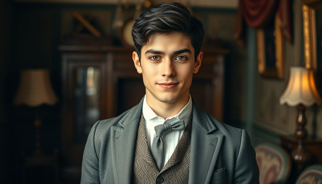 A handsome 25-year-old middle-class man from the Victorian era, embodying both intelligence and a roguish charm