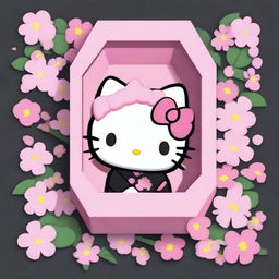 Create an overhead view within a 2D 90s Sanrio animation style showcasing Hello Kitty peacefully laid in a six-sided, anthropoidal pink coffin