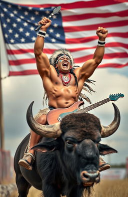 A powerful Native American bodybuilder, showcasing impressive muscles and intricate face paint, confidently rides a majestic buffalo