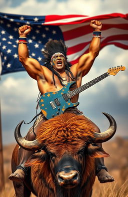 A powerful Native American bodybuilder, showcasing impressive muscles and intricate face paint, confidently rides a majestic buffalo