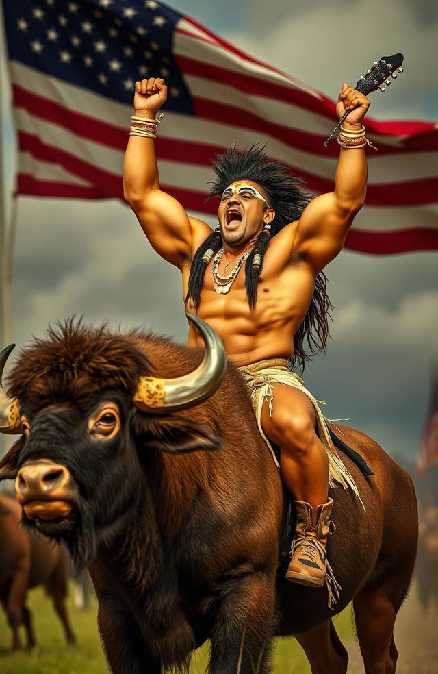 A powerful Native American bodybuilder, showcasing impressive muscles and intricate face paint, confidently rides a majestic buffalo