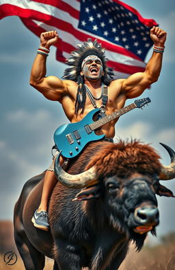 A powerful Native American bodybuilder, showcasing impressive muscles and intricate face paint, confidently rides a majestic buffalo