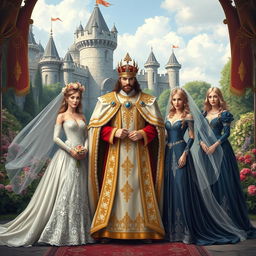 A regal scene depicting a king surrounded by three beautiful brides in an elaborate medieval setting