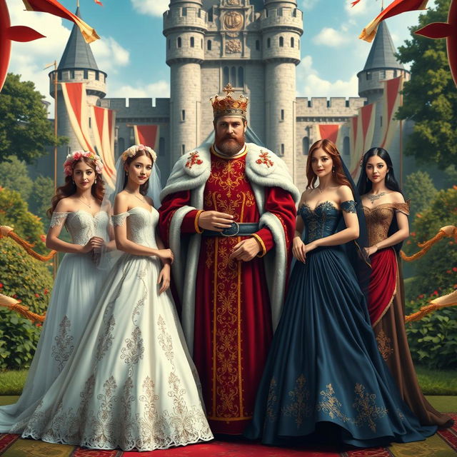 A regal scene depicting a king surrounded by three beautiful brides in an elaborate medieval setting