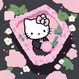 Create an overhead view within a 2D 90s Sanrio animation style showcasing Hello Kitty peacefully laid in a six-sided, anthropoidal pink coffin