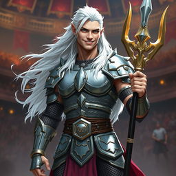 An androgynous aasimar gladiator champion standing confidently with a slight smirk, radiating charisma and strength