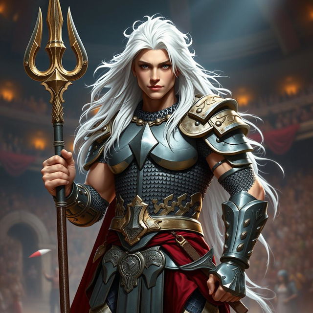 An androgynous aasimar gladiator champion standing confidently with a slight smirk, radiating charisma and strength