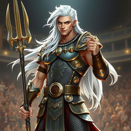 An androgynous aasimar gladiator champion standing confidently with a slight smirk, radiating charisma and strength