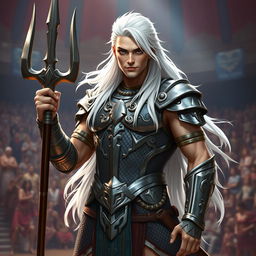 An androgynous aasimar gladiator champion standing confidently with a slight smirk, radiating charisma and strength