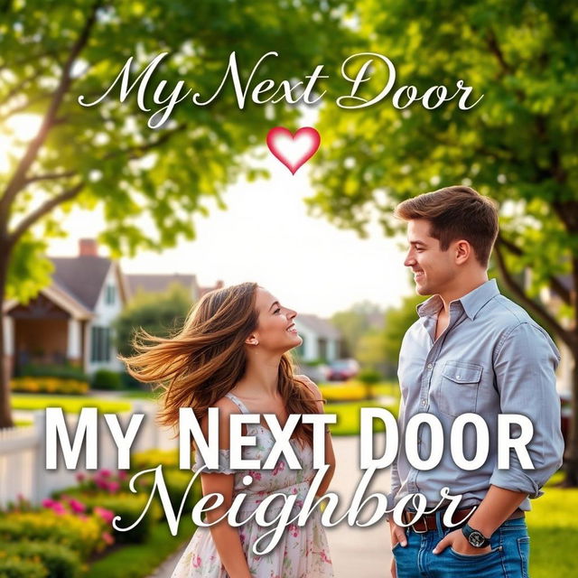 A romantic book cover titled 'My Next Door Neighbor', featuring a charming suburban neighborhood in the background