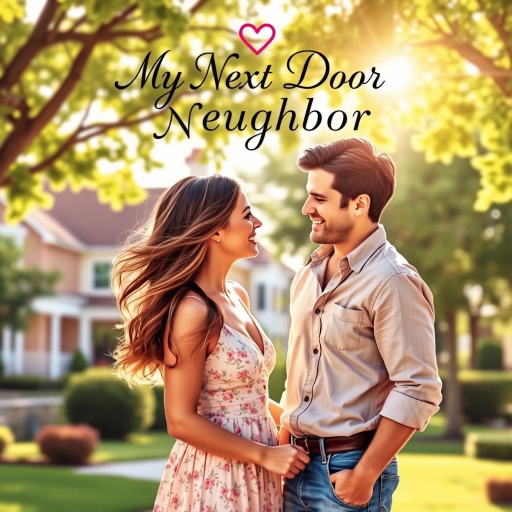 A romantic book cover titled 'My Next Door Neighbor', featuring a charming suburban neighborhood in the background